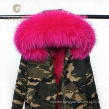 Women long winter military parka coat with reak fur collar